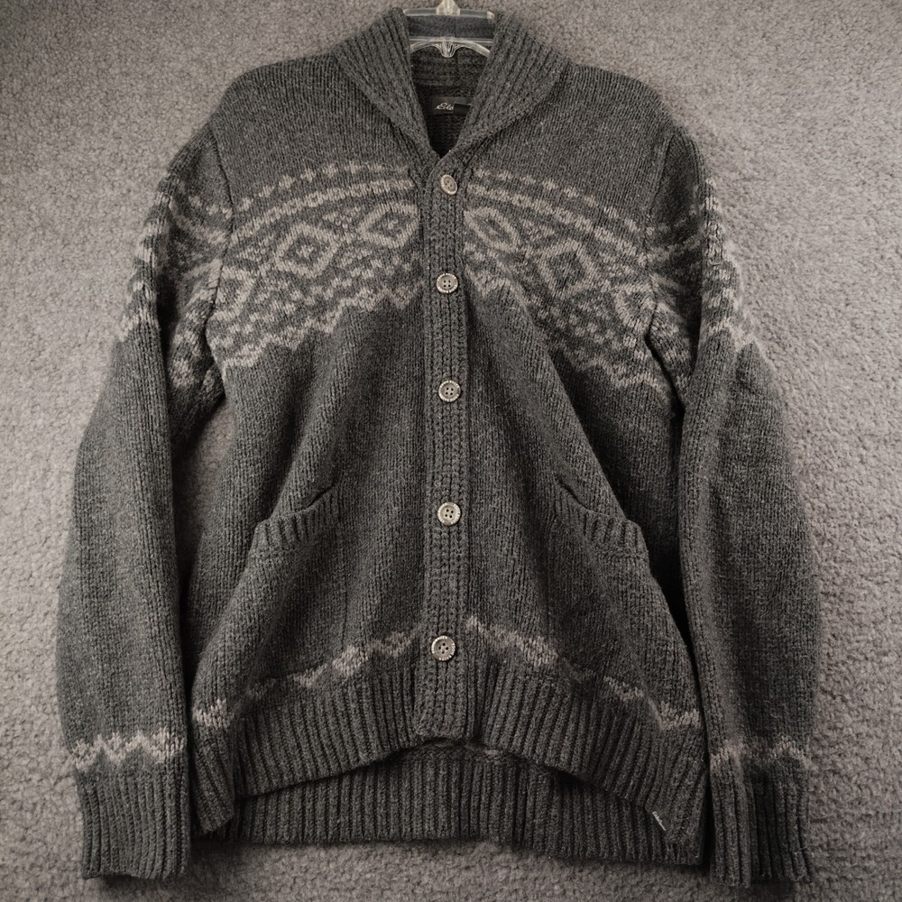 Eddie Bauer Cardigan Mens L Shawl Collar Grey Fair Isle Wool Blend Nordic